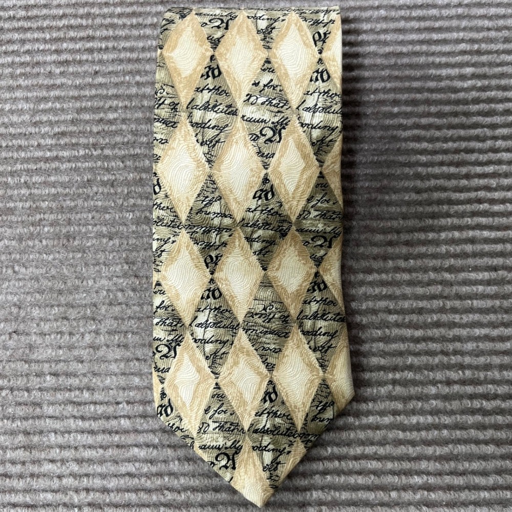 Structure Silk Tie Mens Cream Olive Green Argyle Script Calligraphy Made in‎ USA